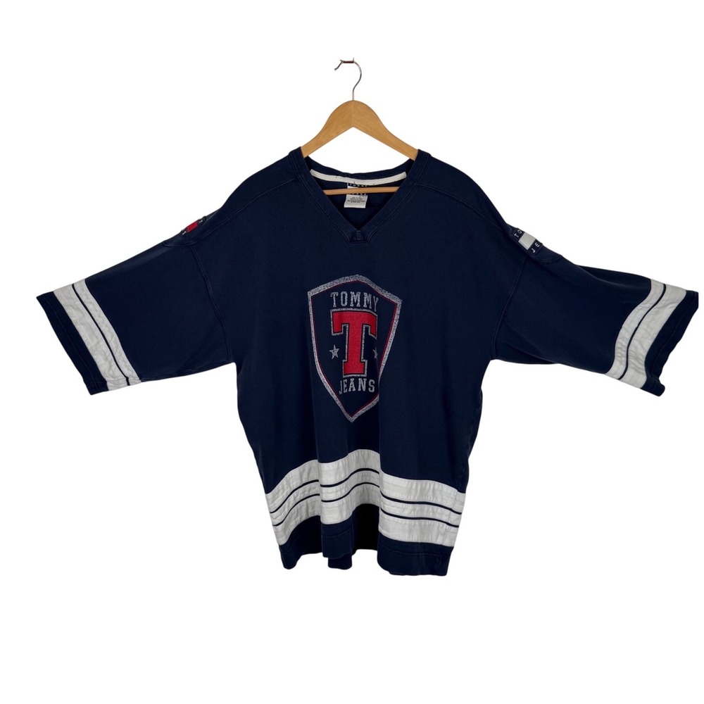 Vintage Tommy Jeans Hockey Jersey Sweatshirt Navy Blue XL Oversized 90s Cotton